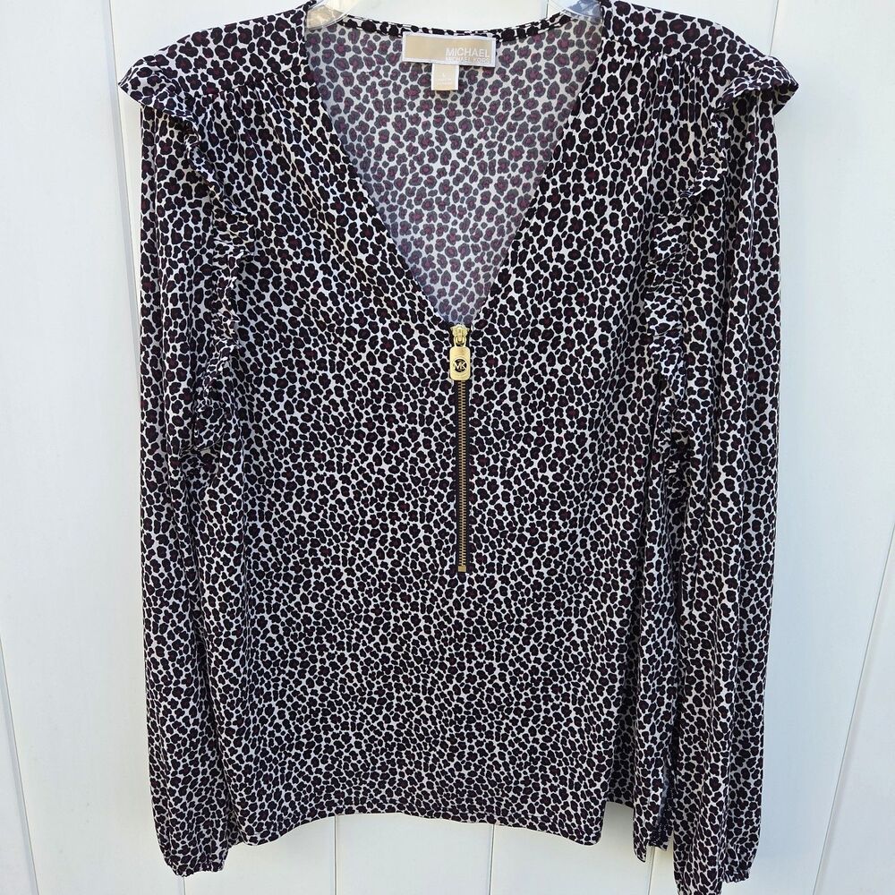 Michael Kors Womens Long Sleeve Top Size L Animal Print Leopard Ruffle Shoulder